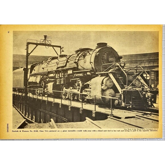 Railroad Magazine Photo Print "Norfolk & Western #2148 on Turntable"Vintage 1956 - Picture 1 of 3